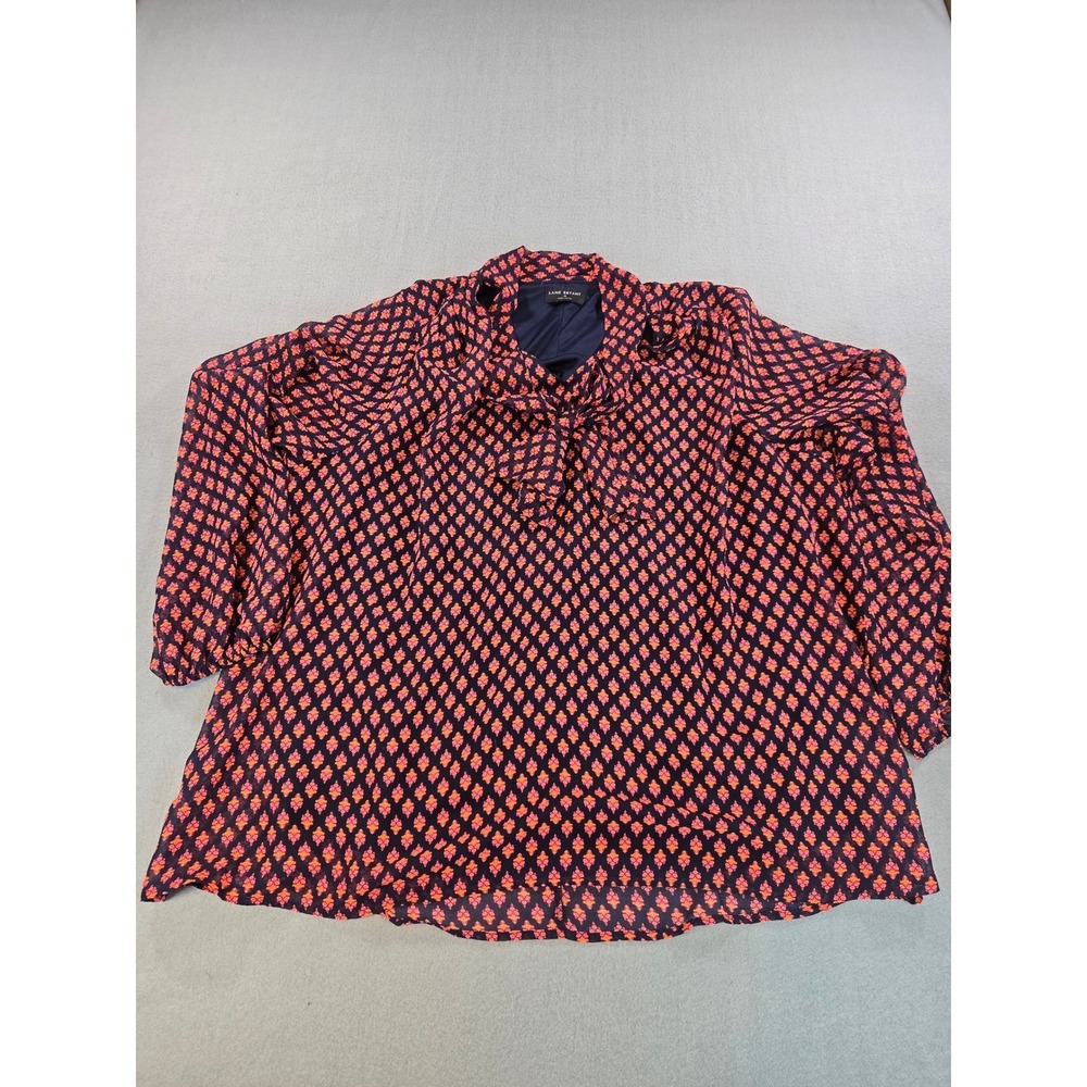 Lane Bryant Tie Neck Blouse‎ Womens 18 Navy Blue Orange Damask Bow A83814